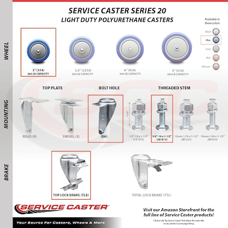 Service Caster 3 Inch Blue Polyurethane Swivel 3/8 Inch Threaded Stem Caster Set with Brake SCC-TS20S314-PPUB-BLUE-TLB-381615-4